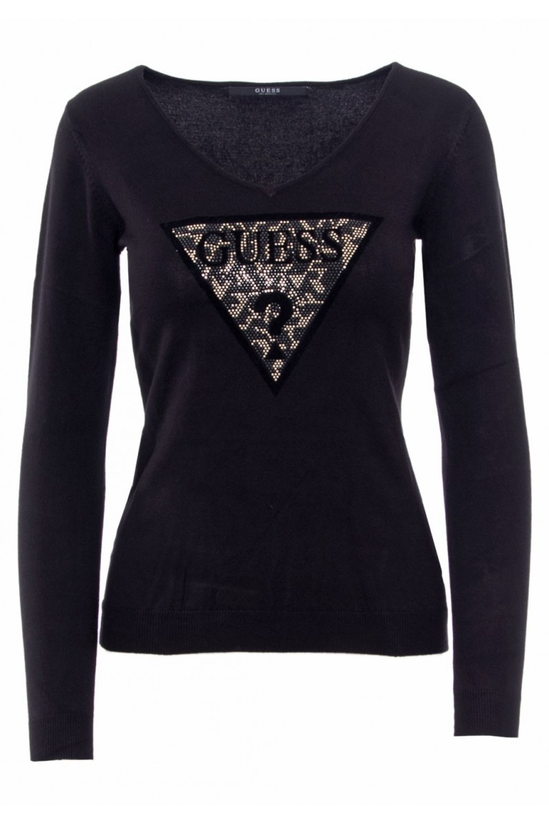 Pull fin Guess Logo strassé velour W81R32 A996 Noir