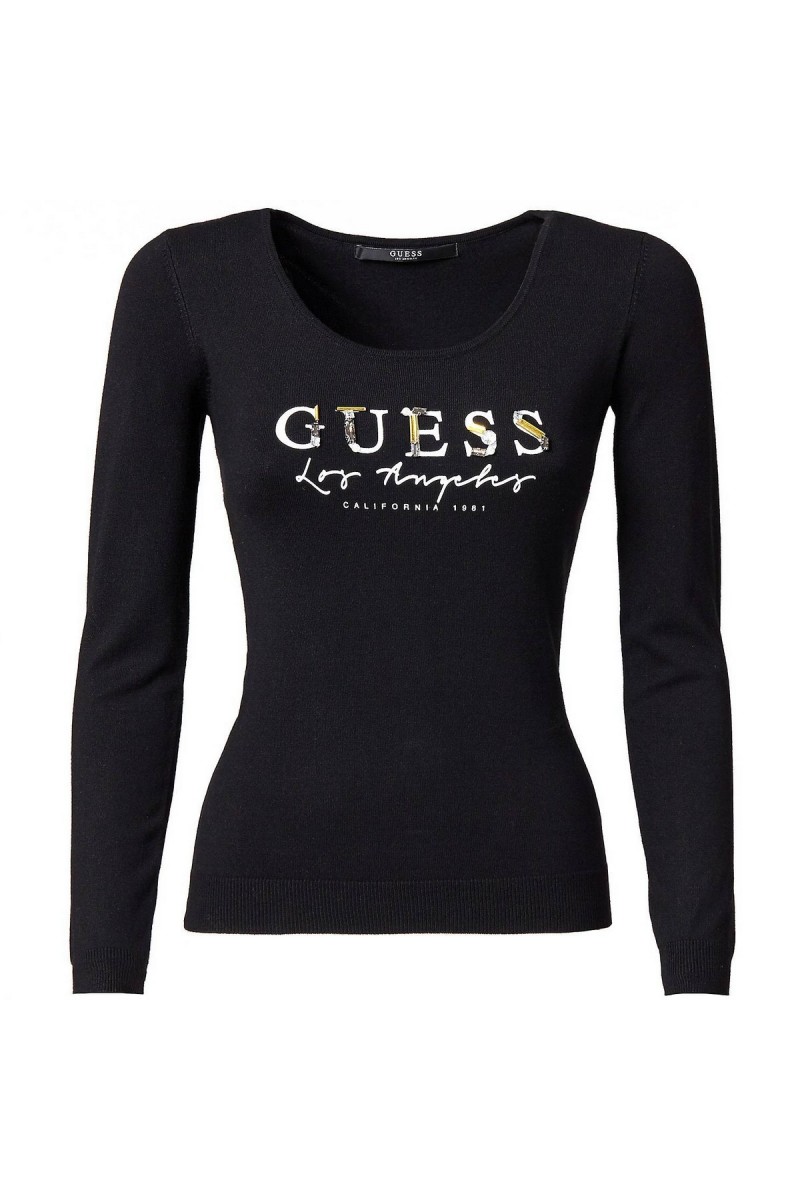 Pull fin Guess Logo strassé W81R34 A996 Noir