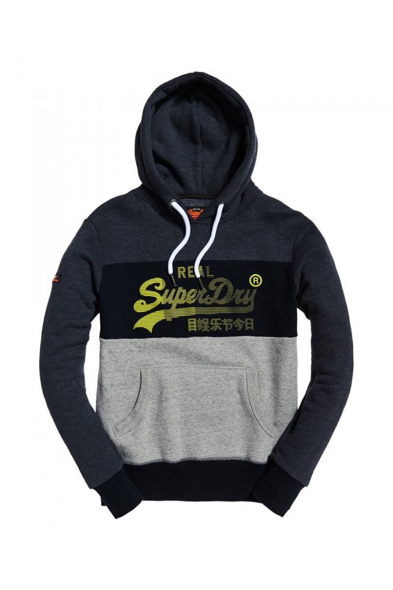 Sweat a capuche superdry homme vintage logo 1st panel hood bleu marine chiné gris chiné