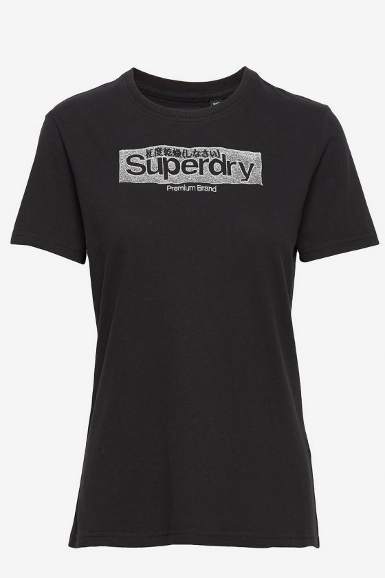 T shirt Superdry manches courtes femme Brodé Premium Brand Noir