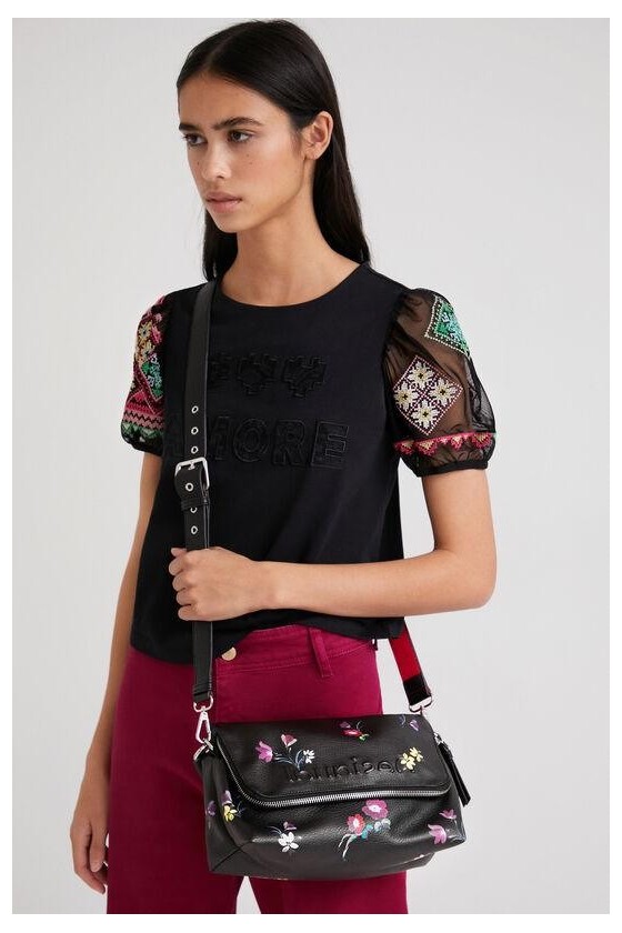 Sac bandoulière desigual 22SAXP14 noir fleurs peintes