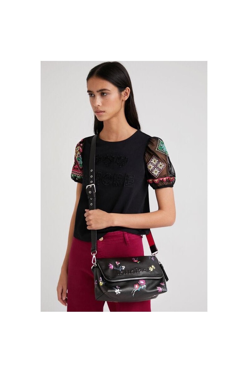 Sac bandoulière desigual 22SAXP14 noir fleurs peintes